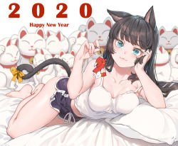 Rule 34 | 1girl, 2020, :3, animal, animal ears, bare arms, bare shoulders, barefoot, black hair, black shorts, blue eyes, blurry, breasts, camisole, cat ears, cat girl, cat tail, cheek rest, commentary request, dolphin shorts, fangxiang cuoluan, happy new year, highres, large breasts, long hair, looking at viewer, maneki-neko, midriff, mouse (animal), navel, new year, original, pillow, shirt, short shorts, shorts, sleeveless, sleeveless shirt, solo, tail, thighs, white shirt