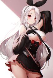 Rule 34 | 1girl, absurdly long hair, absurdres, anchor symbol, arm behind head, arm up, armpits, azur lane, bad id, bad pixiv id, bare shoulders, black gloves, black hairband, black necktie, black skirt, black sleeves, blush, braid, breasts, collared shirt, commentary, cowboy shot, crop top, detached sleeves, eyes visible through hair, gloves, hair over one eye, hairband, hand on own chest, high-waist skirt, highres, large breasts, long hair, looking at viewer, meoyo, mole, mole under eye, necktie, parted bangs, pleated skirt, prinz heinrich (azur lane), red eyes, ribbed shirt, shirt, sidelocks, skirt, smile, solo, standing, underboob, very long hair