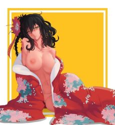 Rule 34 | 1girl, black hair, blush, breasts, earrings, flower, hair flower, hair ornament, japanese clothes, jewelry, kimono, large breasts, long hair, messy hair, navel, nipples, off shoulder, open clothes, piercing, solo, stormcow, suggestive, yellow eyes
