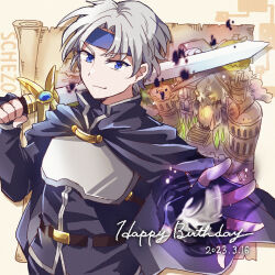 Rule 34 | 1boy, armor, belt, belt buckle, black cape, black gloves, black pants, black shirt, blue eyes, blue headband, breastplate, brown belt, buckle, cape, castle, character name, closed mouth, cloud, dated, fingerless gloves, gloves, grey hair, happy birthday, headband, high collar, hitopm, holding, holding sword, holding weapon, long sleeves, looking at viewer, magic, male focus, over shoulder, pants, parted bangs, puyopuyo, reaching, reaching towards viewer, schezo wegey, scroll, shirt, short hair, smirk, solo, sword, sword over shoulder, waku waku puyo dungeon, weapon, weapon over shoulder