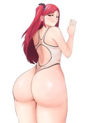 Rule 34 | 1girl, ass, back, bikini, bsm (nerdmin), embarrassed, eyebrows, highres, huge ass, last origin, looking at viewer, night angel (last origin), ornament, red eyes, red hair, simple background, swimsuit, thick thighs, thighhighs, thighs