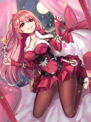 Rule 34 | 1girl, bed sheet, belt, breasts, brown pantyhose, capelet, confetti, curtains, detached sleeves, emily (ririko), emily (zhuoyandesailaer), hair ribbon, highres, large breasts, long hair, one side up, original, pantyhose, parted lips, pink hair, red eyes, ribbon, ririko (zhuoyandesailaer), sack, santa costume, smile, solo, wand, window