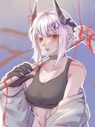 Rule 34 | 1girl, alternate hair length, alternate hairstyle, arknights, bare shoulders, black gloves, blue background, breasts, chinese commentary, choker, commentary request, crop top, ghost specific, gloves, hammer, hand up, highres, holding, holding hammer, holding weapon, horns, infection monitor (arknights), looking at viewer, material growth, medium breasts, midriff, mudrock (arknights), mudrock (elite ii) (arknights), off shoulder, oripathy lesion (arknights), outline, over shoulder, parted lips, pointy ears, red eyes, short hair, silver hair, solo, sports bra, stomach, upper body, weapon, weapon over shoulder, white outline