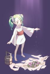 Rule 34 | 1girl, barefoot, bucket, dress, flower, full body, green eyes, green hair, hair bobbles, hair ornament, japanese clothes, kimono, kisume, long sleeves, looking down, matching hair/eyes, outstretched arm, ribbon, sash, solo, touhou, twintails, white dress, wide sleeves, yamamomo (plank), yukata