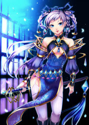 Rule 34 | 1girl, arm behind back, bare shoulders, blue eyes, boots, braid, breasts, center opening, cherry blossoms, eyebrows, garter straps, hair ornament, jewelry, lips, long hair, lots of jewelry, matsurika youko, nail polish, original, petals, purple hair, solo, sword, thighhighs, weapon, white thighhighs