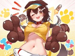 Rule 34 | 1girl, :d, absurdres, animal ears, animal hands, blush, bone hair ornament, braid, bread, breasts, brown eyes, brown hair, cartoon bone, collar, commentary, dog ears, dog girl, dog tail, doggy god&#039;s street, food, from below, gloves, hair between eyes, hair ornament, highres, hololive, inugami korone, jknor, large breasts, long hair, looking at viewer, navel, one eye closed, open mouth, paw gloves, paw print, paw print background, polka dot, polka dot background, smile, solo, spiked collar, spikes, stomach, tail, twin braids, underboob, upper body, upshirt, virtual youtuber, visor cap