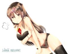 Rule 34 | 10s, 1girl, absurdres, between breasts, black bra, black panties, black thighhighs, bow, bow panties, bra, breasts, brown eyes, brown hair, chuunibyou demo koi ga shitai!, cleavage, dutch angle, food, hair ornament, hairpin, hand grab, has bad revision, hews, highres, holding hands, holding own arm, lingerie, long hair, md5 mismatch, mouth hold, navel, nibutani shinka, panties, pocky, resolution mismatch, self-upload, sigh, solo, source smaller, thighhighs, underwear, white background
