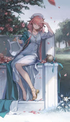 Rule 34 | 1girl, arknights, barefoot, bench, commentary, dress, english commentary, erato (arknights), flower, green shawl, grey eyes, grey sky, hat, head rest, highres, holding lyre, kang yiqian (self cultivation), long hair, looking at viewer, outdoors, pink flower, pink hair, pink rose, rose, rose bush, sandals, shawl, shoes, single shoe, sitting, sky, smile, solo, tree, vase, very long hair, white dress, white hat