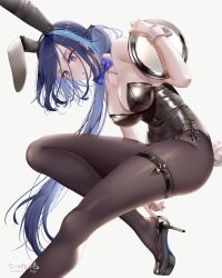 Rule 34 | 1girl, adjusting footwear, alternate costume, animal ears, black footwear, black leotard, black pantyhose, blue bow, blue bowtie, blue hair, bow, bowtie, breasts, clorinde (genshin impact), commentary request, covered navel, dark blue hair, detached collar, fake animal ears, genshin impact, grey background, high heels, highleg, highleg leotard, holding, holding tray, large breasts, leotard, long hair, long legs, low ponytail, multicolored hair, natsume koji, open mouth, pantyhose, playboy bunny, purple eyes, rabbit ears, signature, solo, strapless, strapless leotard, streaked hair, thigh strap, tray, very long hair, wing collar
