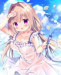 Rule 34 | 1girl, :d, arm up, azumi kazuki, bare arms, bare shoulders, blue bow, blue sky, blush, bow, breasts, brown hair, cleavage, cloud, cloudy sky, collarbone, commentary request, day, dress, flower, frilled dress, frills, hair between eyes, hair bow, hair intakes, highres, holding, holding hose, hose, jewelry, long hair, looking at viewer, low twintails, medium breasts, necklace, open mouth, original, outdoors, purple eyes, sky, sleeveless, sleeveless dress, smile, solo, twintails, very long hair, water, white dress, white flower