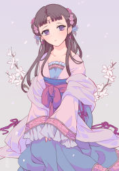 Rule 34 | 1girl, branch, chinese clothes, collarbone, double bun, dress, earrings, eyelashes, feet out of frame, flower, forehead jewel, frills, gradient background, hair bun, hair flower, hair ornament, hanfu, highres, jewelry, kusuriya no hitorigoto, lishu (kusuriya no hitorigoto), long hair, long sleeves, looking at viewer, nail polish, noshima, parted lips, petals, pink flower, pink nails, sash, shawl, sideways glance, sitting, sleeves past fingers, sleeves past wrists, solo, string, white flower, wide sleeves
