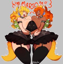 Rule 34 | 2girls, armlet, black dress, black thighhighs, blonde hair, bowsette, bracelet, breasts, choker, cleavage, collar, crown, dark-skinned female, dark skin, dress, dual persona, earrings, fang, fangs, female focus, garter straps, highres, horns, huge breasts, jewelry, looking at viewer, mario (series), multiple girls, new super mario bros. u deluxe, nintendo, open mouth, orange hair, red eyes, sharp teeth, signature, speech bubble, spiked armlet, spiked bracelet, spiked collar, spikes, tail, teeth, thick thighs, thighhighs, thighs, tingtongten, tongue, tongue out
