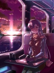 Rule 34 | 1girl, akimoto, bad id, bad pixiv id, bespectacled, blush, casual, cloud, female focus, glasses, gloves, hairband, highres, indoors, long hair, megurine luka, mittens, pantyhose, pink hair, scarf, scenery, sitting, sky, smile, solo, sunset, train, train interior, vocaloid