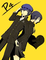 Rule 34 | 2girls, androgynous, atlus, back-to-back, blue eyes, blue hair, breasts, cabbie hat, copyright name, crossdressing, dual persona, embarrassed, hand on headwear, hat, last angel53, looking at viewer, multiple girls, persona, persona 4, reverse trap, school uniform, serafuku, shirogane naoto, short hair, skirt, small breasts, smile, standing, sweatdrop, wavy hair