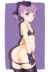 Rule 34 | 1girl, ass, bare shoulders, black gloves, black thighhighs, bra, breasts, cleavage, collarbone, fate/grand order, fate (series), female focus, gloves, hat, helena blavatsky (fate), looking at viewer, panties, panty pull, purple background, purple eyes, purple hair, shadow, small breasts, solo, standing, thighhighs, toshishikisai, underwear, white background