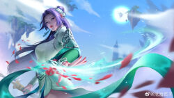 Rule 34 | 1girl, absurdres, blue eyes, blue sky, cang hai ruo mu, closed mouth, doupo cangqiong, dress, earrings, energy, expressionless, floating island, from side, green dress, hair bun, highres, holding, holding sword, holding weapon, jewelry, long hair, looking to the side, purple hair, sheath, sheathed, sky, solo, sun, sword, weapon, yun yun (doupo cangqiong)