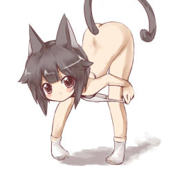 Rule 34 | 1girl, animal ears, ass, blush, bra, cat ears, cat girl, cat tail, female focus, full body, lingerie, panties, panty pull, simple background, socks, solo, tagme, tail, underwear, white background