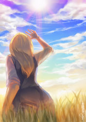 Rule 34 | 1girl, absurdres, blonde hair, blue sky, christon-clivef, claire (bokujou monogatari), cloud, dated, day, field, from behind, harvest moon, highres, lens flare, long hair, overalls, signature, sky, solo, sun, sunlight
