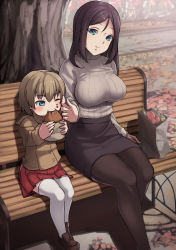 Rule 34 | 10s, 2girls, aged down, aged up, bag, bench, black pantyhose, black skirt, blonde hair, blue eyes, breasts, brown coat, brown footwear, closed mouth, coat, day, eating, food, food on face, girls und panzer, grey sweater, grocery bag, hand on another&#039;s face, highres, holding, holding food, katyusha (girls und panzer), large breasts, light smile, loafers, long hair, long sleeves, looking at another, mature female, medium skirt, miniskirt, multiple girls, nonna (girls und panzer), one eye closed, outdoors, pantyhose, park bench, pencil skirt, pleated skirt, red skirt, ribbed sweater, shoes, shopping bag, short hair, sitting, skirt, sweater, swept bangs, thighhighs, time paradox, tree, turtleneck, white thighhighs, yamaori