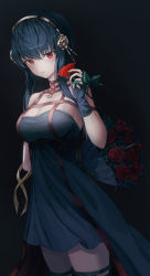 Rule 34 | 1girl, absurdres, black background, black hair, bouquet, breasts, dress, flower, hair flower, hair ornament, highres, large breasts, long hair, looking at viewer, red eyes, red flower, red rose, rose, slime nyang, solo, spy x family, standing, two-sided dress, two-sided fabric, yor briar