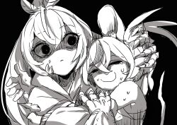 Rule 34 | 2girls, animal ears, bare shoulders, bidortw, black background, closed eyes, closed mouth, collar, commentary, english commentary, greyscale, hair between eyes, hair ornament, hakos baelz, high contrast, highres, holocouncil, hololive, hololive english, hug, long hair, monochrome, mouse ears, mouse girl, mouse tail, multiple girls, nanashi mumei, open mouth, simple background, tail, upper body, virtual youtuber
