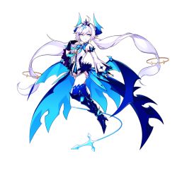 Rule 34 | 1girl, blue bow, blue eyes, blue footwear, blue thighhighs, blue wings, boots, bow, bridal gauntlets, detached sleeves, elsword, floating, full body, horns, hwansang, knee boots, leotard, long hair, looking at viewer, luciela r. sourcream, noblesse (elsword), official art, pointy ears, smile, solo, thighhighs, thighhighs under boots, tiara, transparent background, twintails, very long hair, white hair, white leotard, wings