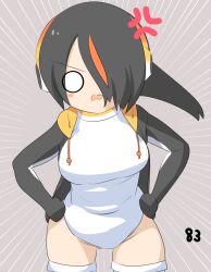 Rule 34 | 1girl, anger vein, black hair, black jacket, blush stickers, breasts, commentary request, covered navel, cowboy shot, emperor penguin (kemono friends), emphasis lines, grey background, hair between eyes, hands on own hips, headphones, highres, jacket, kemono friends, large breasts, leaning forward, lets0020, long bangs, looking at viewer, multicolored hair, numbered, o o, one-piece swimsuit, open clothes, open jacket, open mouth, orange hair, short hair, simple background, solo, streaked hair, swimsuit, thighhighs, v-shaped eyebrows, white one-piece swimsuit, white thighhighs