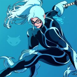 Rule 34 | 1girl, black cat, black cat (marvel), blue background, breasts, cat, felicia hardy, large breasts, leather, legs, lipstick, makeup, marvel, mask, smile, spiderman (series), the art mage, white hair