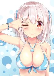 Rule 34 | 1girl, ;), absurdres, arm up, bad id, bad pixiv id, bare shoulders, bikini, blue bikini, blue scrunchie, blush, bracelet, breasts, cleavage, closed mouth, collarbone, earrings, front-tie bikini top, front-tie top, hair between eyes, hair ornament, hair scrunchie, highres, jewelry, karutamo, large breasts, long hair, looking at viewer, necklace, one eye closed, original, print bikini, red eyes, scrunchie, seashell, shell, shell necklace, sidelocks, silver hair, smile, solo, star (symbol), star print, swimsuit, tisshu (karutamo), two side up, upper body