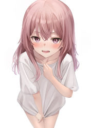 Rule 34 | 1girl, absurdres, blush, borrowed clothes, collarbone, commentary request, covering crotch, covering privates, crossed bangs, fujizarashi, hair between eyes, highres, inui sajuna, long hair, looking at viewer, open mouth, pink hair, purple eyes, shirt, shirt tug, simple background, solo, sono bisque doll wa koi wo suru, tearing up, tears, tug, white background, white shirt