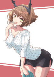 Rule 34 | 1girl, alternate costume, black skirt, breasts, brown hair, collarbone, commentary request, fuji (pixiv24804665), green eyes, hairband, headgear, highres, kantai collection, leaning forward, medium breasts, mutsu (kancolle), radio antenna, ribbed sweater, short hair, skirt, solo, sweater, tongue, tongue out, white sweater