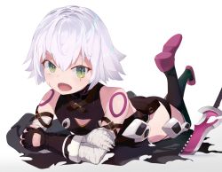Rule 34 | 1girl, absurdres, arm belt, ass, bandages, bandaged arm, bandages, black gloves, black panties, dagger, facial scar, fate/apocrypha, fate/grand order, fate (series), feet up, gloves, green eyes, highres, jack the ripper (fate/apocrypha), knife, legs up, lowleg, lowleg panties, lying, on stomach, panties, same (sendai623), scar, scar across eye, scar on cheek, scar on face, short hair, shoulder tattoo, single glove, solo, tattoo, the pose, thighhighs, underwear, weapon, white hair