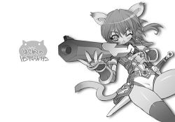 Rule 34 | 1girl, aiming, animal ears, blade (galaxist), cat ears, cat girl, cat tail, female focus, greyscale, gun, holding, holding gun, holding weapon, lowres, monochrome, one eye closed, open mouth, original, sheath, sheathed, simple background, solo, sword, tail, thighhighs, weapon, white background, wide sleeves, wink