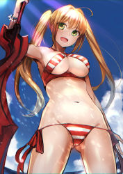 Rule 34 | 1girl, :d, aestus estus, ahoge, akechi shizuku, bikini, blonde hair, blush, breasts, chromatic aberration, cleavage, cloud, commentary request, criss-cross halter, day, fate/grand order, fate (series), gluteal fold, green eyes, hair intakes, halterneck, highres, holding, holding sword, holding weapon, large breasts, long hair, navel, nero claudius (fate), nero claudius (fate) (all), nero claudius (swimsuit caster) (fate), open mouth, outdoors, revision, side-tie bikini bottom, sideboob, sky, smile, solo, standing, stomach, swimsuit, sword, twintails, weapon