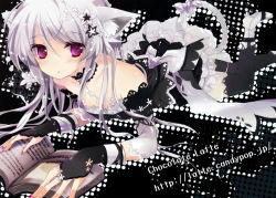 Rule 34 | 1girl, animal ears, bare shoulders, blush, book, cat ears, cat tail, collarbone, detached sleeves, gloves, hair ornament, high heels, ichiyou moka, leg up, long hair, looking at viewer, lying, nail polish, open book, original, purple eyes, resized, ribbon, shoes, silver hair, smile, solo, tail, tail ornament, tail ribbon, twintails, watermark, web address