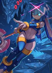 Rule 34 | 1girl, android, blue eyes, bodysuit, boots, breasts, bubble, commentary request, covered navel, glowing, glowing eyes, helmet, highres, holding, holding weapon, ice, ice dragon, fairy leviathan (mega man), polearm, red eyes, mega man (series), mega man zero (series), small breasts, smile, solo, tesshii (riza4828), thigh boots, thighhighs, underwater, weapon