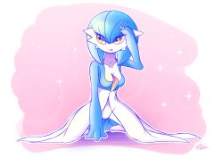 Rule 34 | 1girl, absurdres, alternate color, arm support, artist name, blue hair, blue skin, bob cut, border, breasts, closed mouth, collarbone, colored skin, creatures (company), female focus, game freak, gardevoir, gen 3 pokemon, groin, hair between eyes, hand in own hair, hand up, happy, highres, kneeling, leaning forward, looking to the side, medium breasts, multicolored skin, nintendo, orange eyes, outline, pink background, pokemon, pokemon (creature), polyvoir, shiny pokemon, short hair, signature, smile, solo, sparkle, tongue, tongue out, transparent border, two-tone skin, white outline, white skin