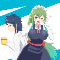 Rule 34 | 1girl, absurdres, breasts, cup, enlay, fire emblem, gloves, green eyes, green hair, highres, kobayashi-san chi no maidragon, large breasts, long hair, looking at viewer, maid, maid headdress, monster girl, multicolored hair, nintendo, open mouth, pointy ears, priam, red neckwear, shirt, skirt, smile, tiki (fire emblem), tohru (maidragon), very long hair, white shirt
