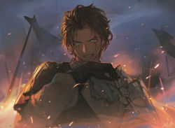 Rule 34 | 1boy, alzi xiaomi, armor, battlefield, black gloves, blood, blood on face, brown hair, chromatic aberration, claude von riegan, commentary request, ascot, dark skin, dark-skinned male, earrings, fire, fire emblem, fire emblem: three houses, flag, gloves, green eyes, grin, hand up, highres, injury, jewelry, long sleeves, looking at viewer, male focus, manly, nintendo, pauldrons, sash, shoulder armor, smile, smoke, solo, upper body