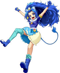 Rule 34 | 1girl, :d, animal ear fluff, animal ears, arms up, asymmetrical legwear, black jacket, blue eyes, blue footwear, blue gloves, blue hair, blue skirt, blue socks, boots, cure gelato, fang, full body, gloves, hair intakes, jacket, kirakira precure a la mode, layered skirt, lion ears, lion tail, long hair, miniskirt, open mouth, outstretched arms, precure, rick.black, short sleeves, simple background, skirt, smile, socks, solo, tail, tategami aoi, thighhighs, two-tone skirt, uneven legwear, very long hair, white background, yellow skirt