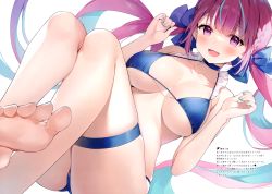 Rule 34 | 1girl, absurdres, ayamy, bare shoulders, blush, bow, breasts, choker, collarbone, fingernails, hair bow, head tilt, highres, hololive, long hair, looking at viewer, minato aqua, nail polish, open mouth, purple hair, scan, simple background, smile, solo, swimsuit, thigh strap, thighs, virtual youtuber, white background
