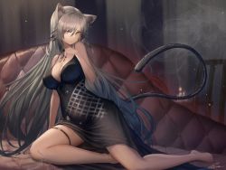 Rule 34 | 1girl, absurdres, animal ear fluff, animal ears, arknights, bare arms, bare legs, bare shoulders, barefoot, black choker, black dress, breasts, cat ears, cat girl, cat tail, chaise longue, choker, cleavage, closed mouth, cocktail dress, dress, grey hair, hand up, highres, ioriwu8, large breasts, long hair, looking at viewer, schwarz (arknights), sitting, sleeveless, sleeveless dress, solo, spaghetti strap, tail, tail raised, thigh strap, very long hair, yellow eyes, yokozuwari