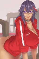 Rule 34 | 1girl, :p, ahoge, ass, blush, bottomless, breasts, choker, cleavage, coca-cola, cola (exaxuxer), dark-skinned female, dark skin, exaxuxer, feather hair ornament, feathers, gigantic breasts, glasses, feather hair ornament, highres, hood, hooded jacket, hooded track jacket, hoodie, huge breasts, jacket, multicolored hair, naked hoodie, naked jacket, original, product placement, purple eyes, purple hair, red-framed eyewear, semi-rimless eyewear, sleeves rolled up, solo, streaked hair, tongue, tongue out, track jacket, under-rim eyewear, unzipped, v arms