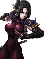 Rule 34 | 1girl, armpits, bad id, bad pixiv id, bhm, black hair, bodysuit, breasts, brown eyes, covered navel, fighting stance, fingerless gloves, fishnets, frown, gloves, kodachi, large breasts, long hair, looking at viewer, ninja, ponytail, purple bodysuit, ready to draw, sheath, sheathed, short sword, shoulder pads, simple background, solo, soul calibur, soulcalibur, soulcalibur iv, sword, taki (soulcalibur), weapon, white background