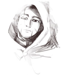 Rule 34 | 1boy, black eyes, black hair, cape, closed mouth, collared jacket, da ning (llemonyyyy), facial hair, facial scar, golden kamuy, greyscale, hair slicked back, hair strand, head tilt, highres, hood, hood up, hooded cape, imperial japanese army, jacket, looking at viewer, male focus, military, military uniform, monochrome, ogata hyakunosuke, scar, scar on cheek, scar on face, short hair, simple background, sketch, solo, stubble, uniform, upper body, white background, white cape