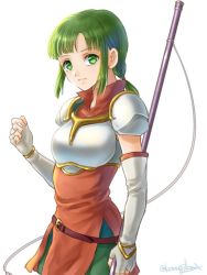 Rule 34 | 1girl, armor, bad id, bad twitter id, breastplate, fire emblem, fire emblem: the sacred stones, green eyes, green hair, hanasaki komugi, holding, holding weapon, looking at viewer, nintendo, pauldrons, polearm, ponytail, shoulder armor, simple background, solo, spear, vanessa (fire emblem), weapon, white armor, white background