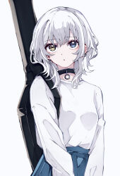 Rule 34 | 1girl, absurdres, bang dream!, bang dream! it&#039;s mygo!!!!!, black choker, blue eyes, blue skirt, breasts, choker, closed mouth, commentary, heterochromia, highres, instrument case, instrument on back, kaname raana, long sleeves, looking at viewer, nuruponnu, pleated skirt, shirt, shirt tucked in, simple background, skirt, small breasts, solo, white background, white shirt, wolf cut, yellow eyes