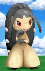 Rule 34 | creatures (company), day, game freak, gen 3 pokemon, grass, mawile, nintendo, no humans, outdoors, pokemoa, pokemon, pokemon (creature), red eyes, sky, smile, solo, standing