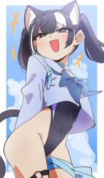 Rule 34 | 1girl, animal ears, black eyes, black hair, blue sky, blush, cat ears, cat girl, cat tail, covered navel, crop top, highleg, highleg leotard, highres, kagura roku, leg ribbon, leotard, leotard under clothes, long hair, looking at viewer, multicolored hair, open mouth, original, ribbon, sky, smile, solo, streaked hair, tail, thigh strap, twintails, white hair