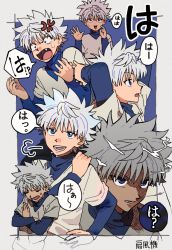 Rule 34 | 1boy, anger vein, angry, blue eyes, blue shirt, child, commentary request, crossed arms, fang, furious, highres, hunter x hunter, killua zoldyck, long sleeves, looking at viewer, lower teeth only, male focus, messy hair, oishi gohan11 2, open mouth, shirt, short hair, simple background, speech bubble, spiked hair, teeth, translation request, turtleneck, upper teeth only, white hair, white shirt